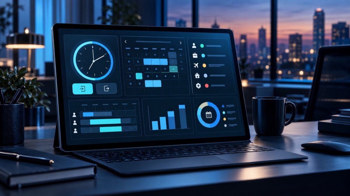 Digitale Zeiterfassung mit Uhr, Kalender und Arbeitszeitübersicht