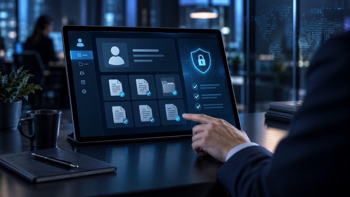 Digitale Personalakte mit strukturierten Dokumenten und Datenschutzsymbol